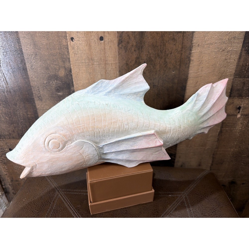 Hand Carved Wood Koi Carp Fish Sculpture Pastel Coastal Signed Vintage 1990s